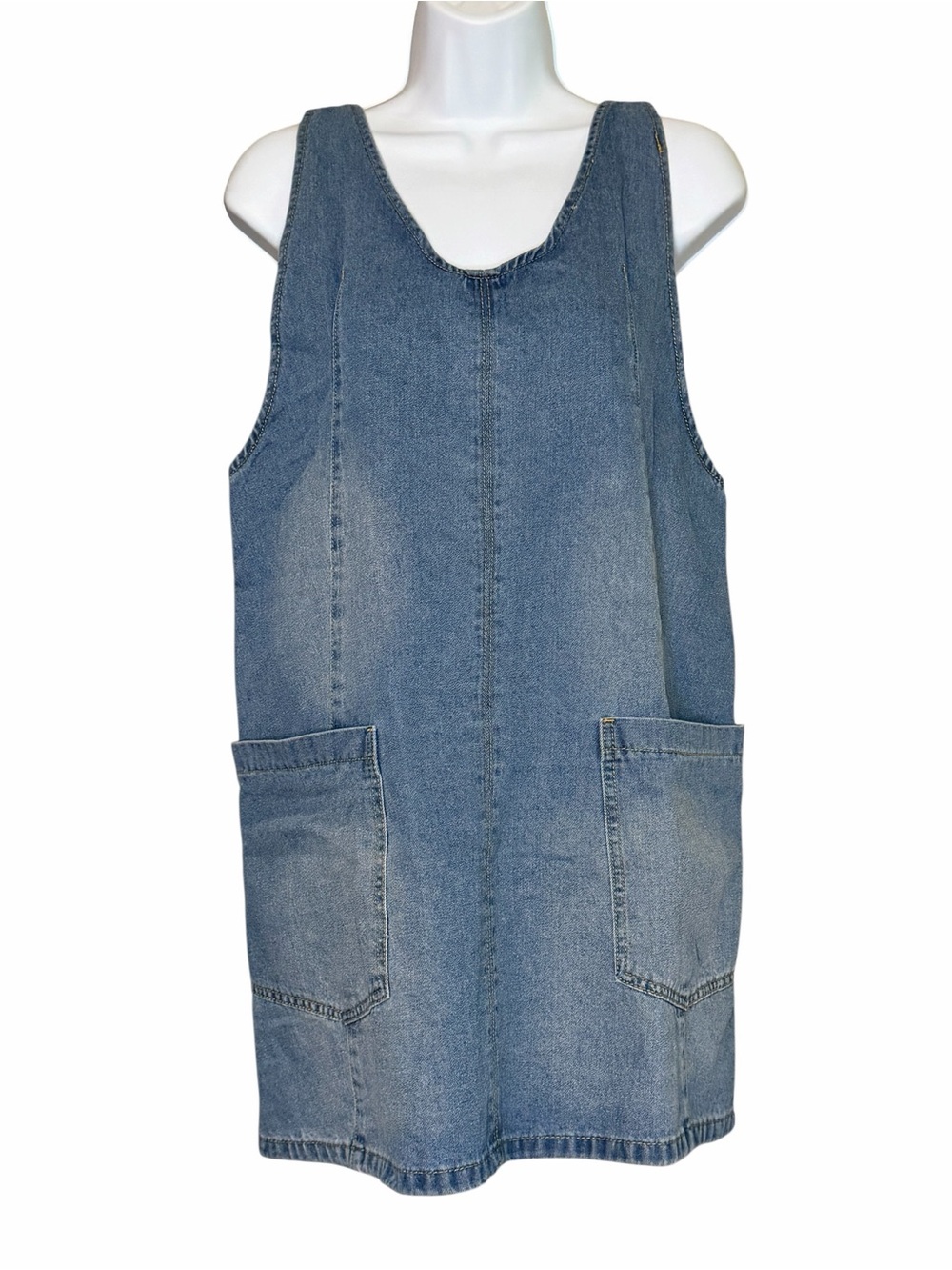 NWT Glamaker Denim Pinafore Mini Dress Adjustable Straps Patch Pockets Medium - Picture 2 of 6